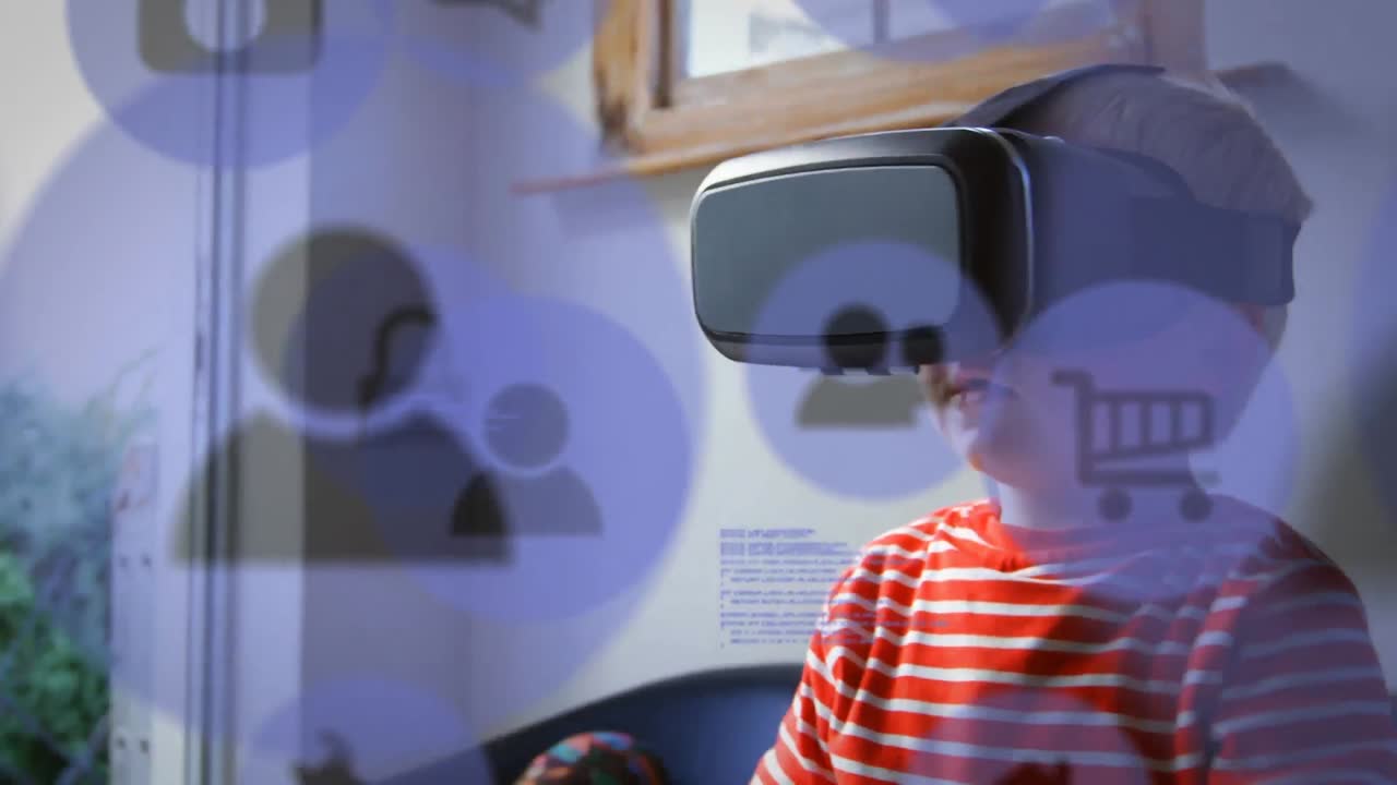 Icona viola con un ragazzo che indossa un visore VR
