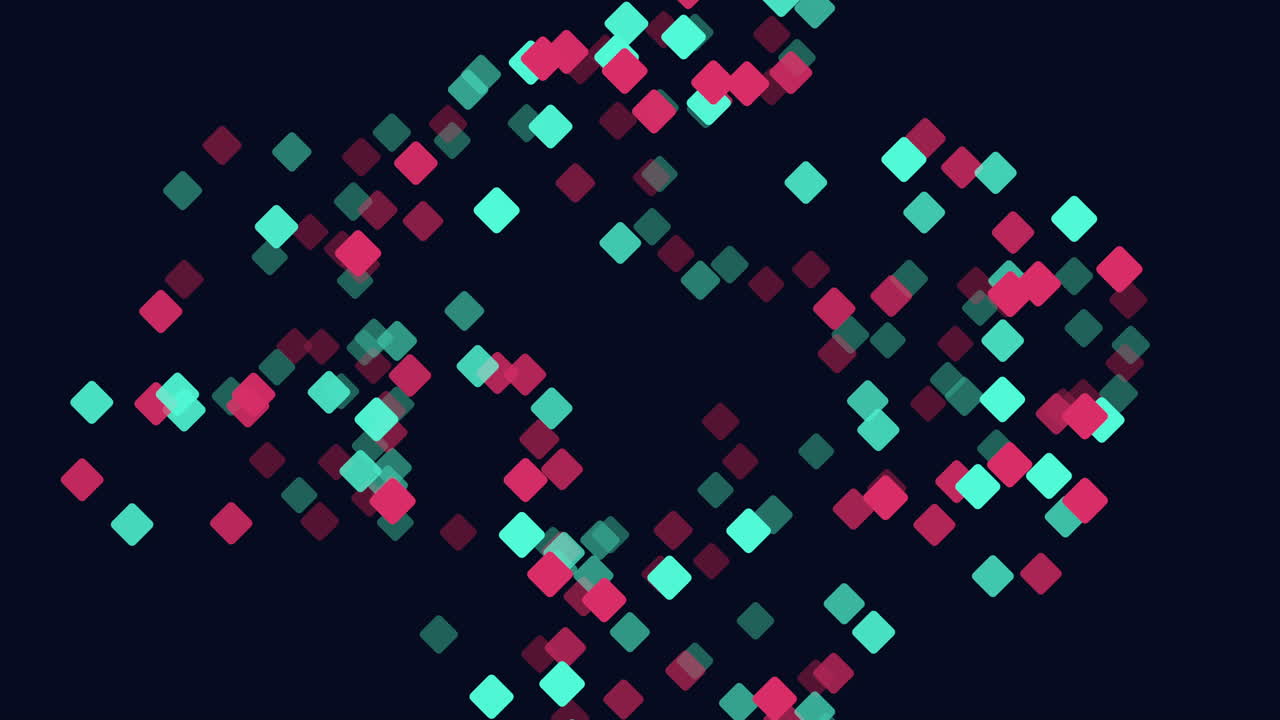 Colorful red and cyan square particles drift across a dark background in an abstract bokeh style, ideal for technology, data, and futuristic motion design projects