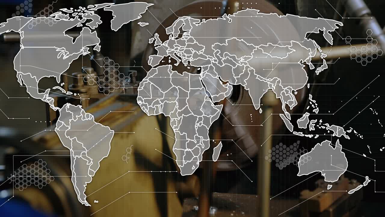 Map overlay appearing, lathe chuck spinning, tool shaving chips, visualizing global production