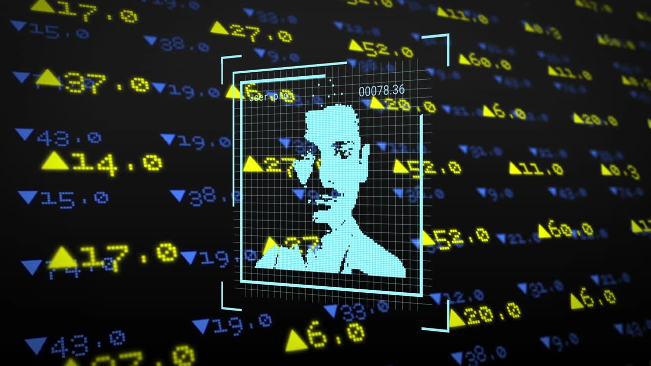 Animation of data processing with people portraits over stock market on black background