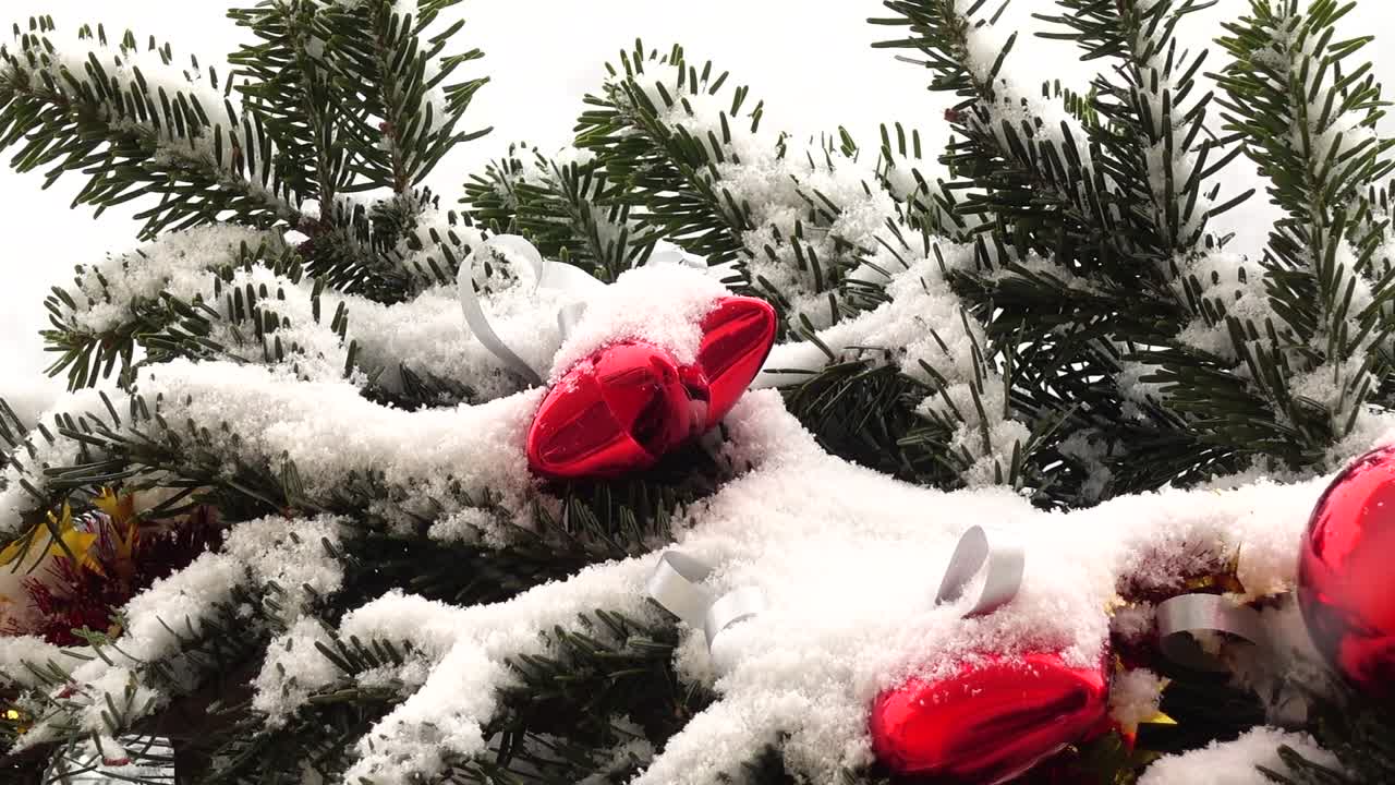 Kar altında oyuncaklarla süslenmiş yılbaşı ağacı dalları.