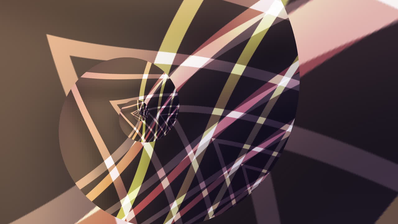 Spiral in motion, left to right, overlapped and interspersed with triangular geometric shapes, coiled, mirrored and sequential