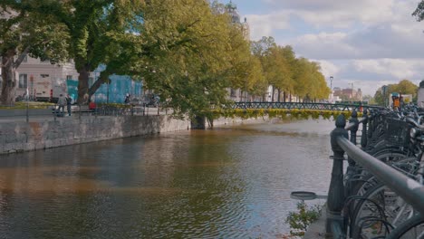 slowmotion panning of a river floating with green trees in the background sub3