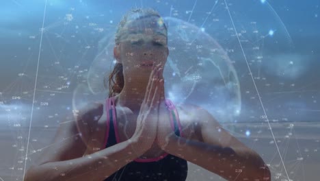 Animation-of-globe-with-network-of-connections-over-caucasian-woman-meditating-at-beach