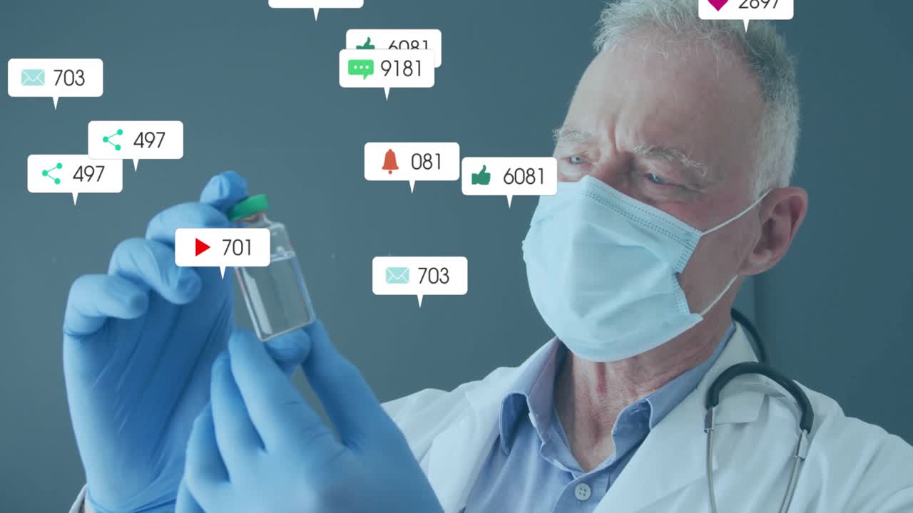 Doctor lifting vial with green cap and inspecting liquid in clinic while social metrics multiplying