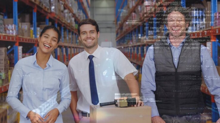 Animazione di elaborazione dati su supervisori uomini e donne di diverse etnie che sorridono in un magazzino