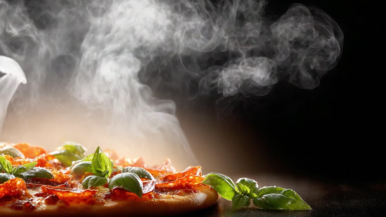 Deliziosa pizza calda con foglie di basilico fresco e vapore aromatico, ripresa in un primo piano con texture intense e ingredienti saporiti