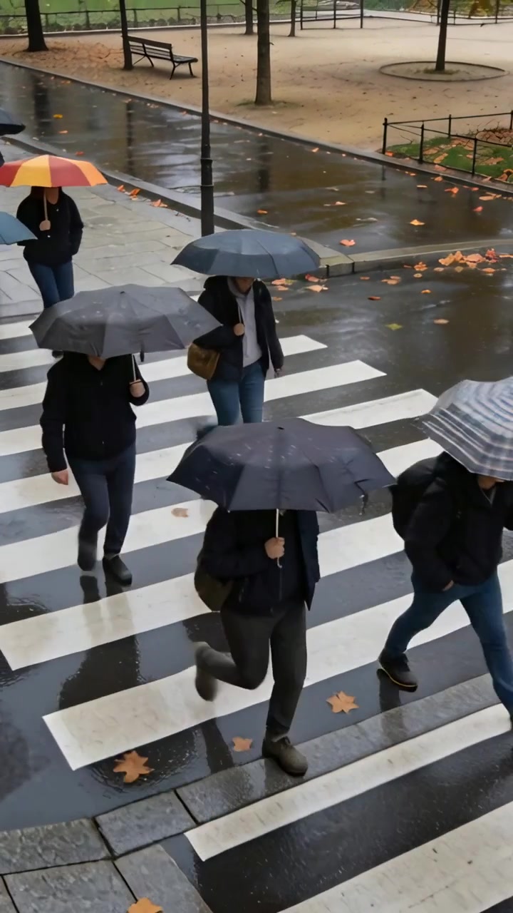 Vertical video: Crossing group wearing coats stepping onto wet zebra crosswalk, holding umbrellas