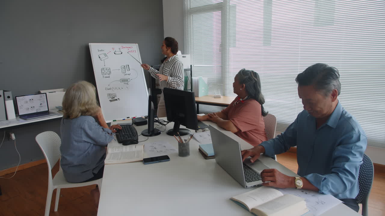 Teacher Explaining to Group of Seniors How to Use Computer