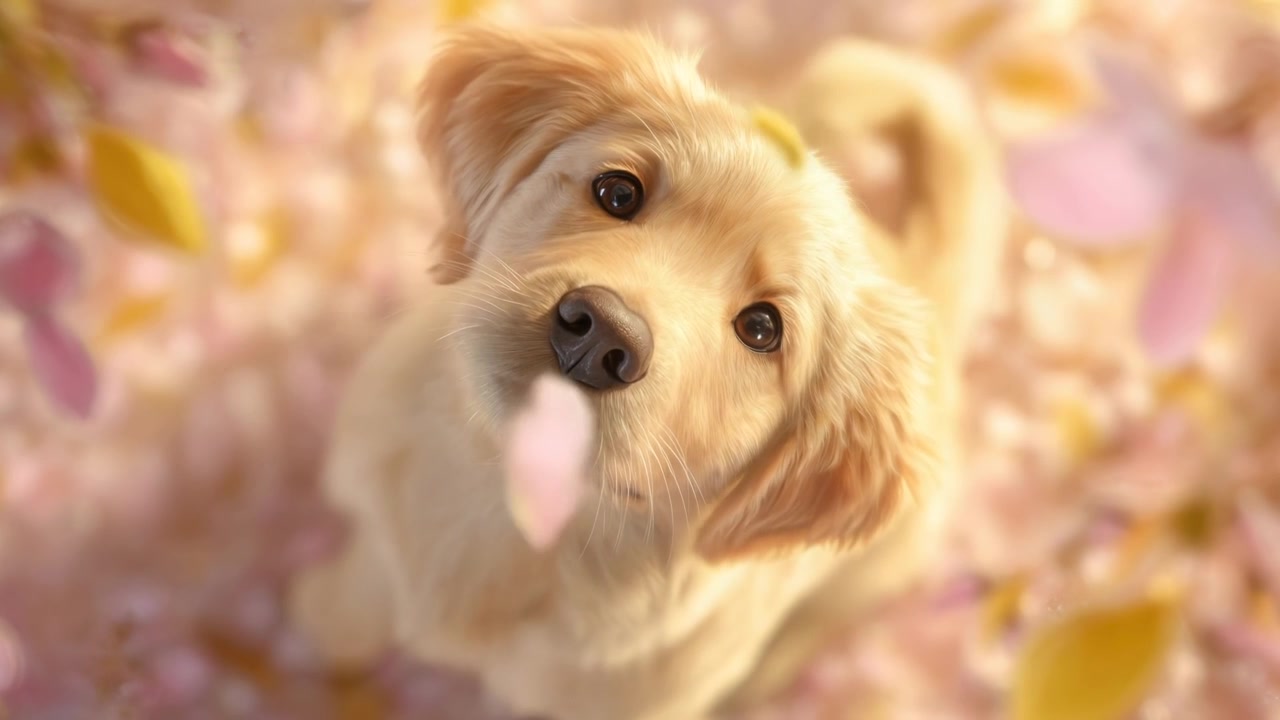 Filhote Adorável de Golden Retriever Rodeado por Pétalas Caindo