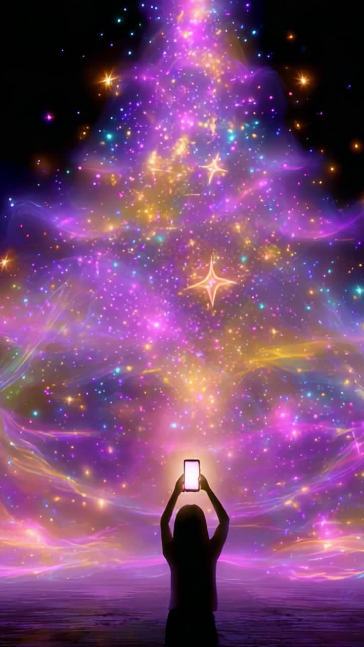 A Majestic Display of Cosmic Light and Color: A Silhouette Captures the Ethereal Beauty of a Glowing Tree Wrapped in Stars and Vibrant Hues with a Smartphone, Celebrating the Enchantment of Nature's Artistry