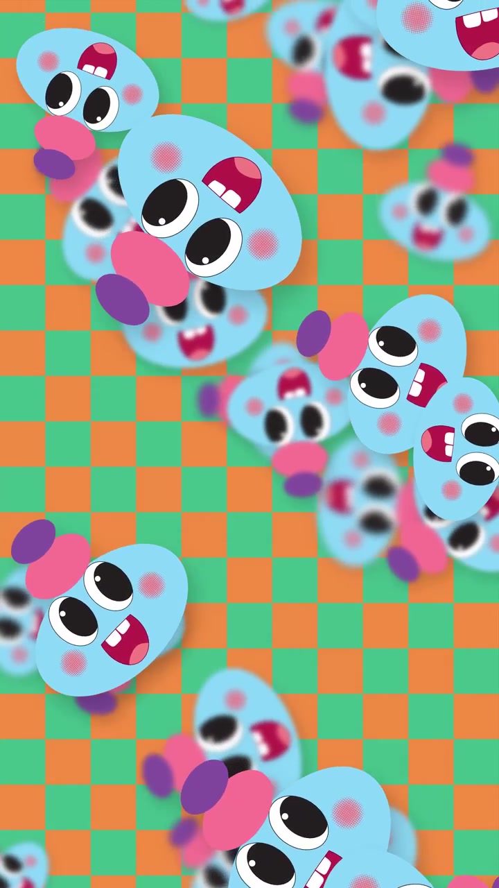 Cute blue animated characters fall continuously against a vibrant orange and green checkered vertical background.