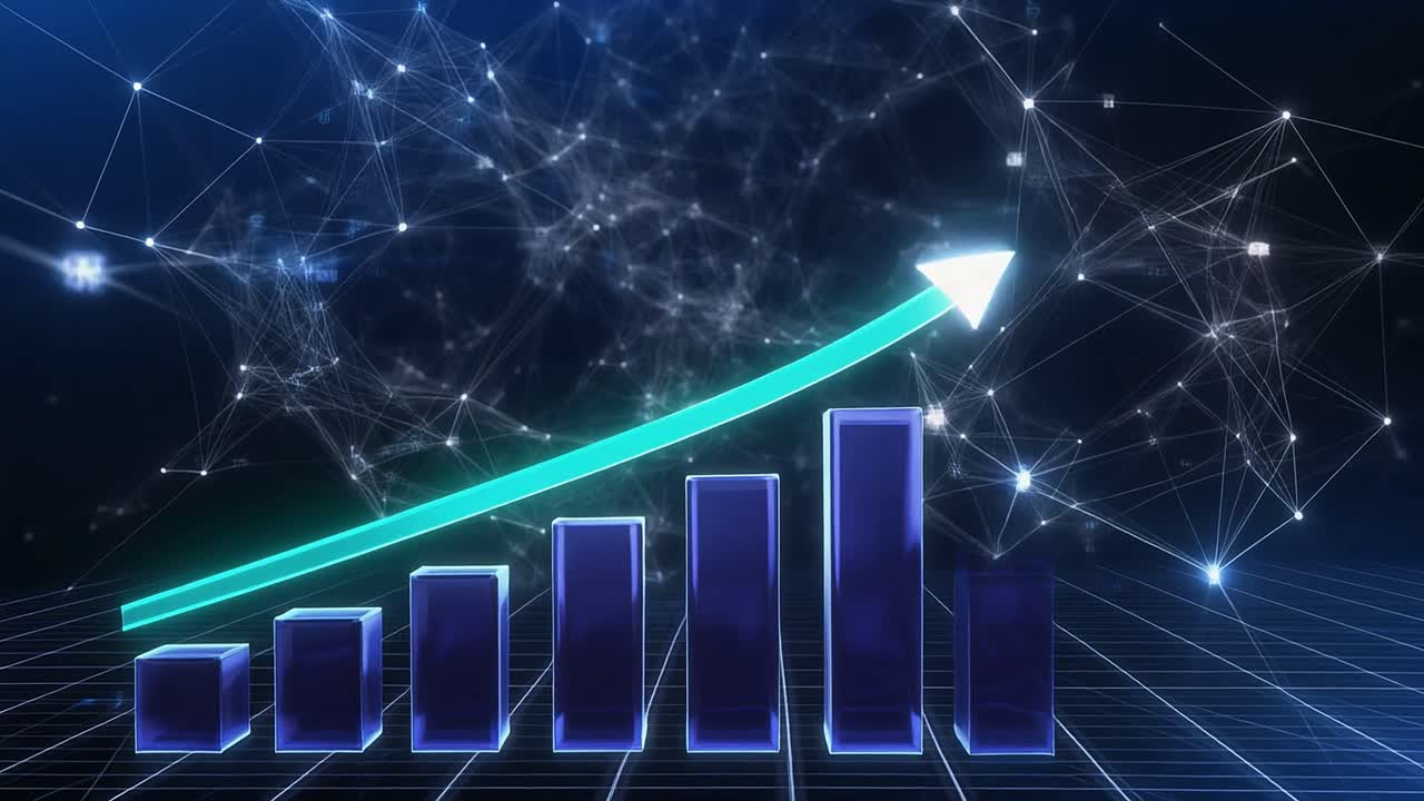 Digital Bar Chart Showing Business Growth with Rising Arrow