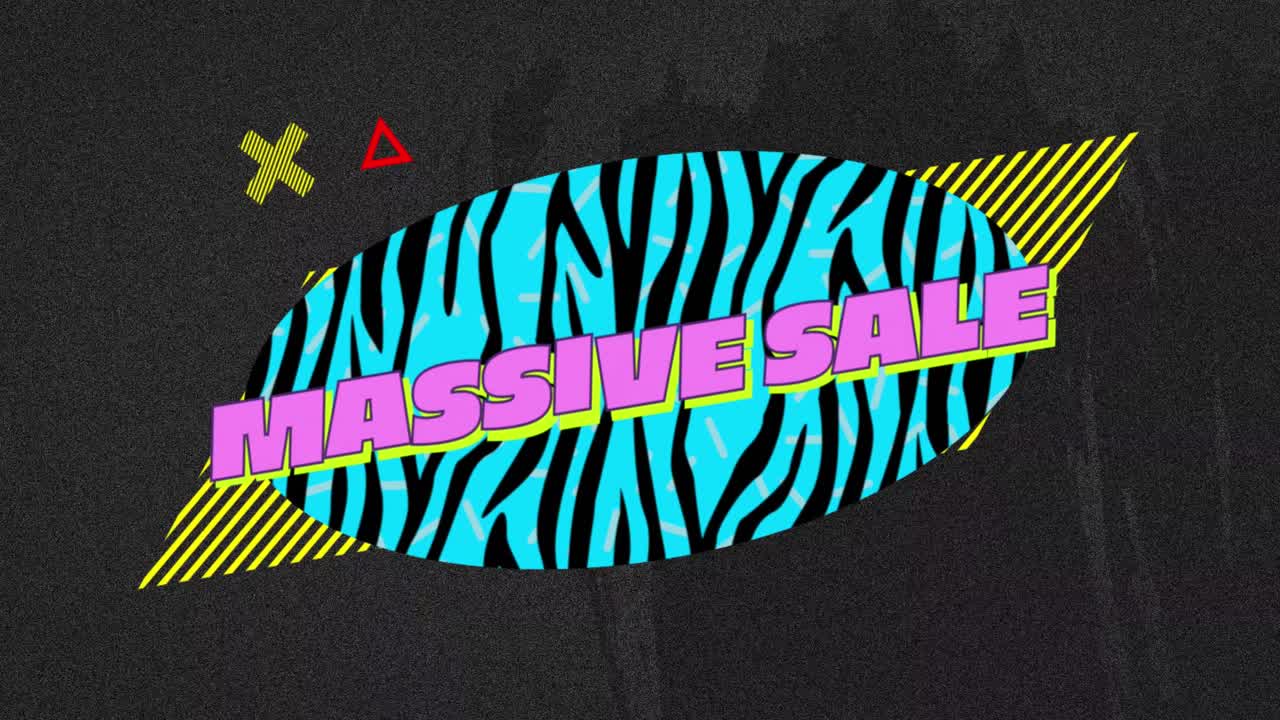 animación de texto de venta masiva en burbuja de habla retro con formas abstractas