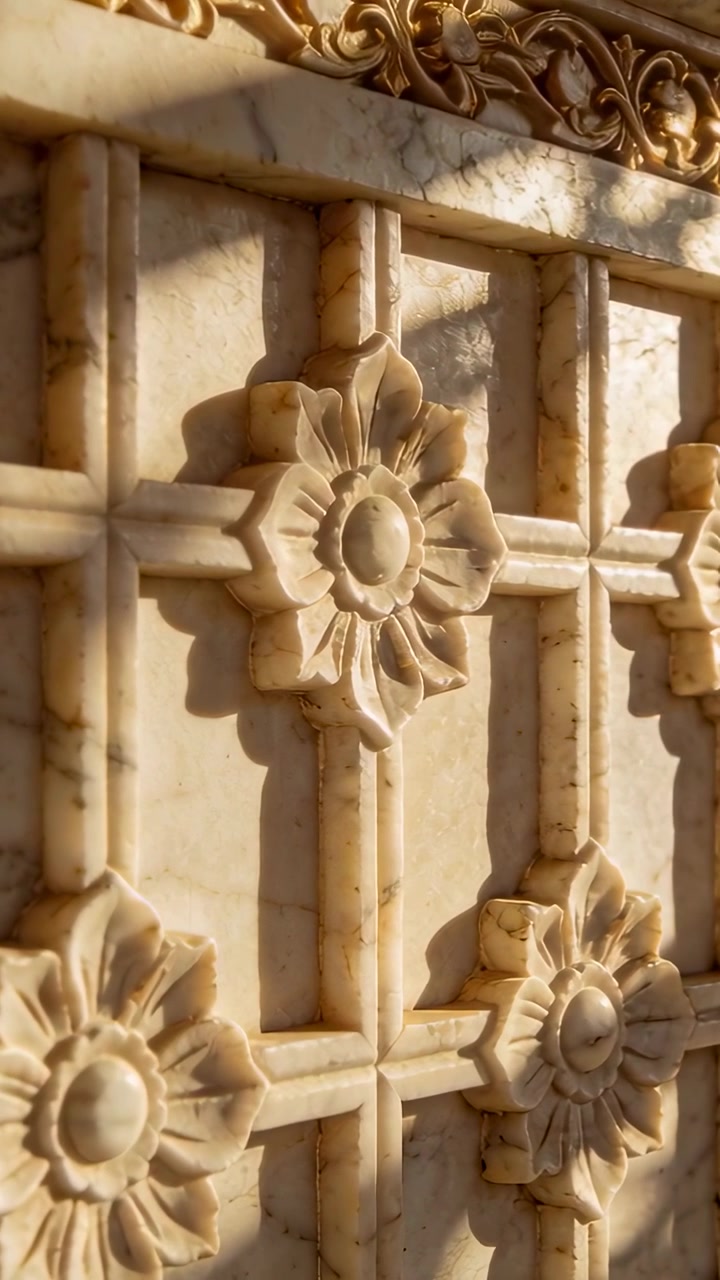 Video verticale: Telecamera che scorre su un pannello interno in marmo, luce solare da sinistra che modella le rosette