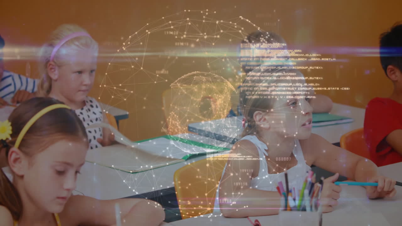 Children writing and reading in classroom, showing AR education data nodes and scrolling code