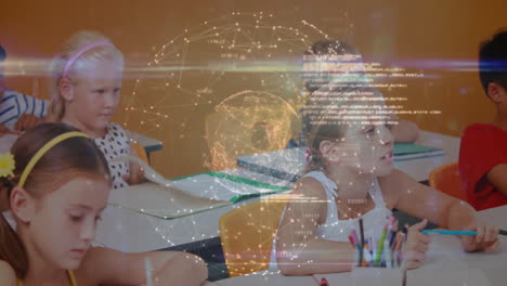 children writing and reading in classroom, showing ar education data nodes and scrolling code