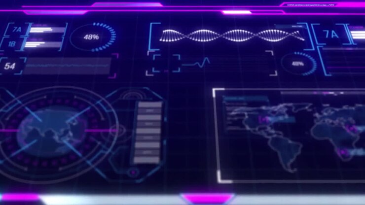 Animation of data processing on charts, graphs and world map on dark interface screen