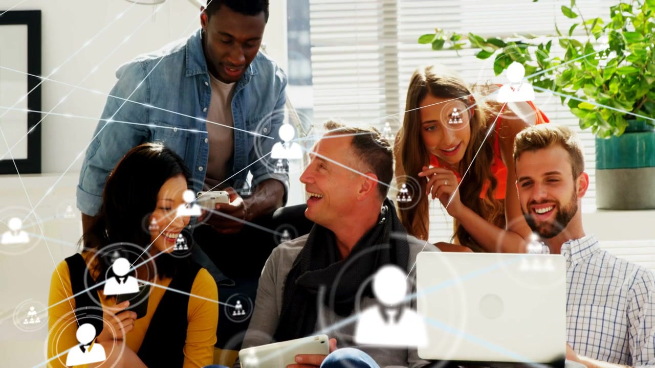 Network icon showing over lead man tablet business team leaning in sharing files network layering