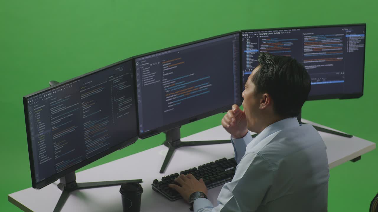 vista lateral de un desarrollador asiático cansado bostezando antes de dormir mientras escribe código con múltiples pantallas de computadora en el estudio de pantalla verde