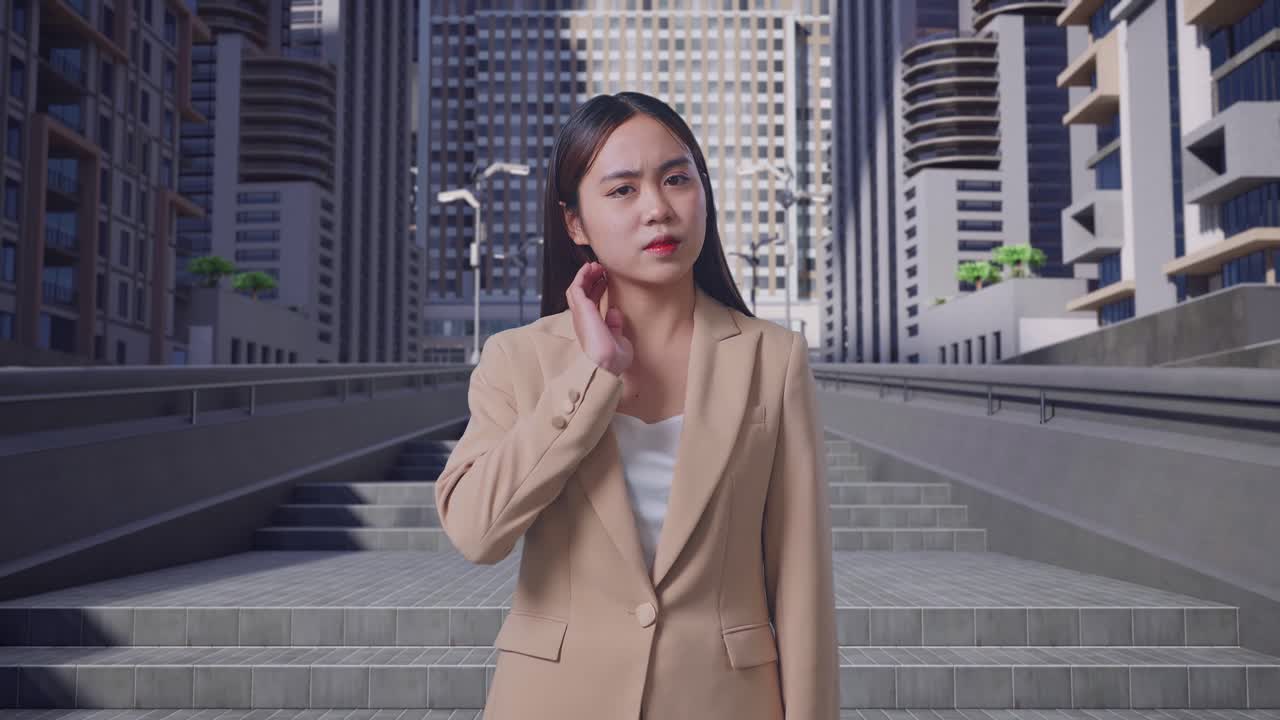 아시아 사업가 여성이 만족하지 않고 도시 거리에서 서서 머리를 흔들고 있습니다.