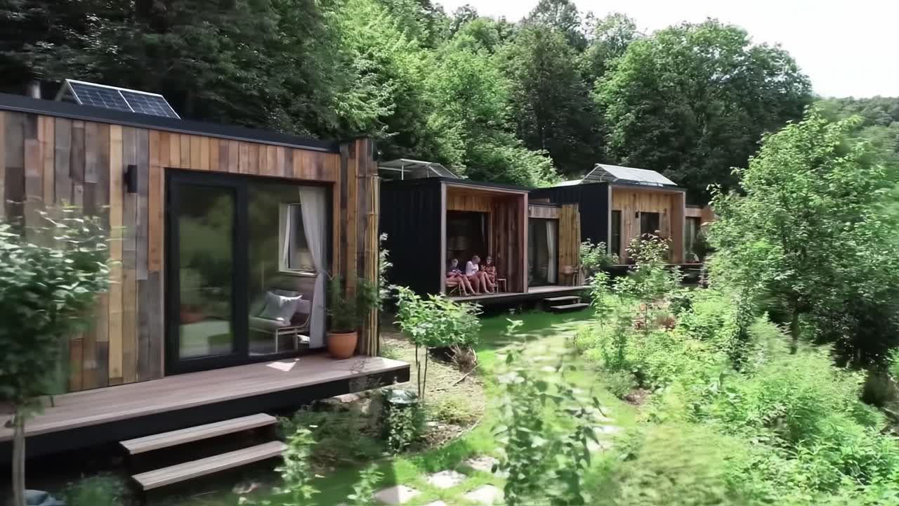 Located in a picturesque setting, these modern cabins are surrounded by lush trees and pathways, offering a peaceful retreat into nature while enjoying contemporary design and comfort.