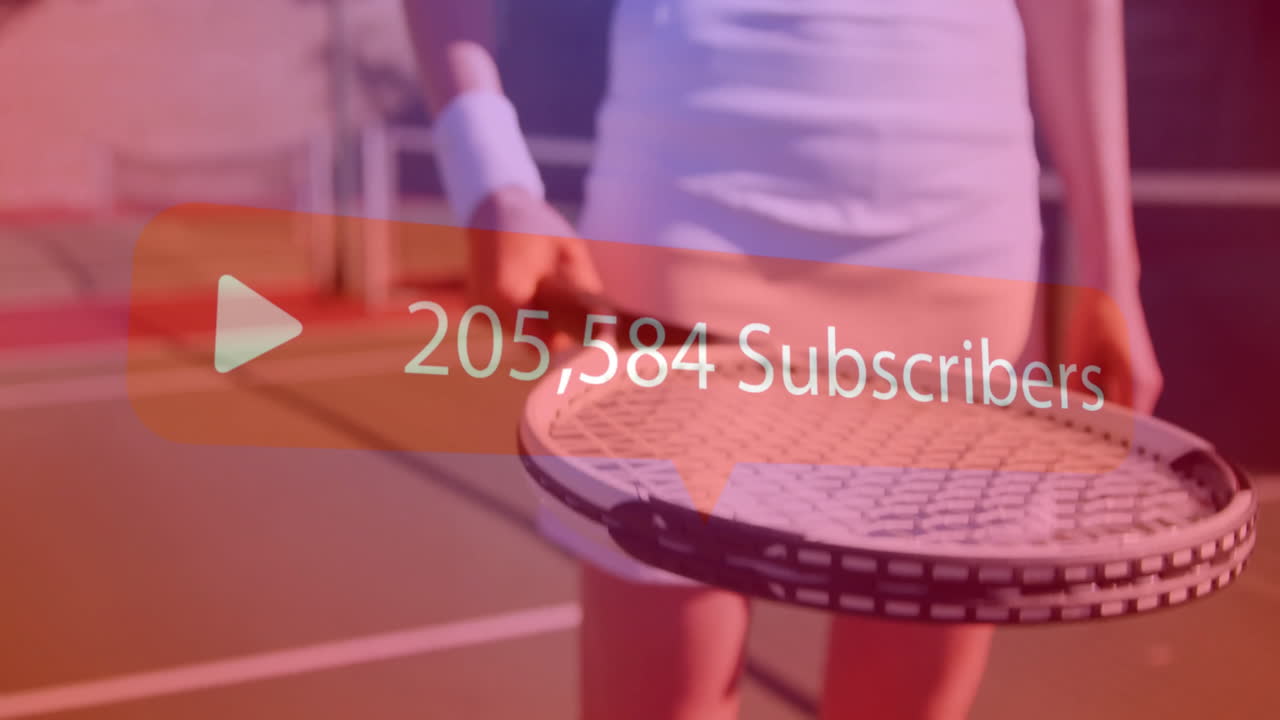 Female tennis player holding racket balancing ball while displaying subscriber overlay marketing