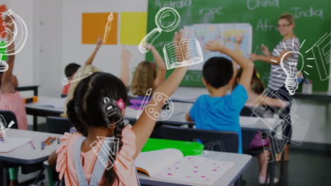animación de suministros escolares que caen sobre diversos escolares en clase en la escuela