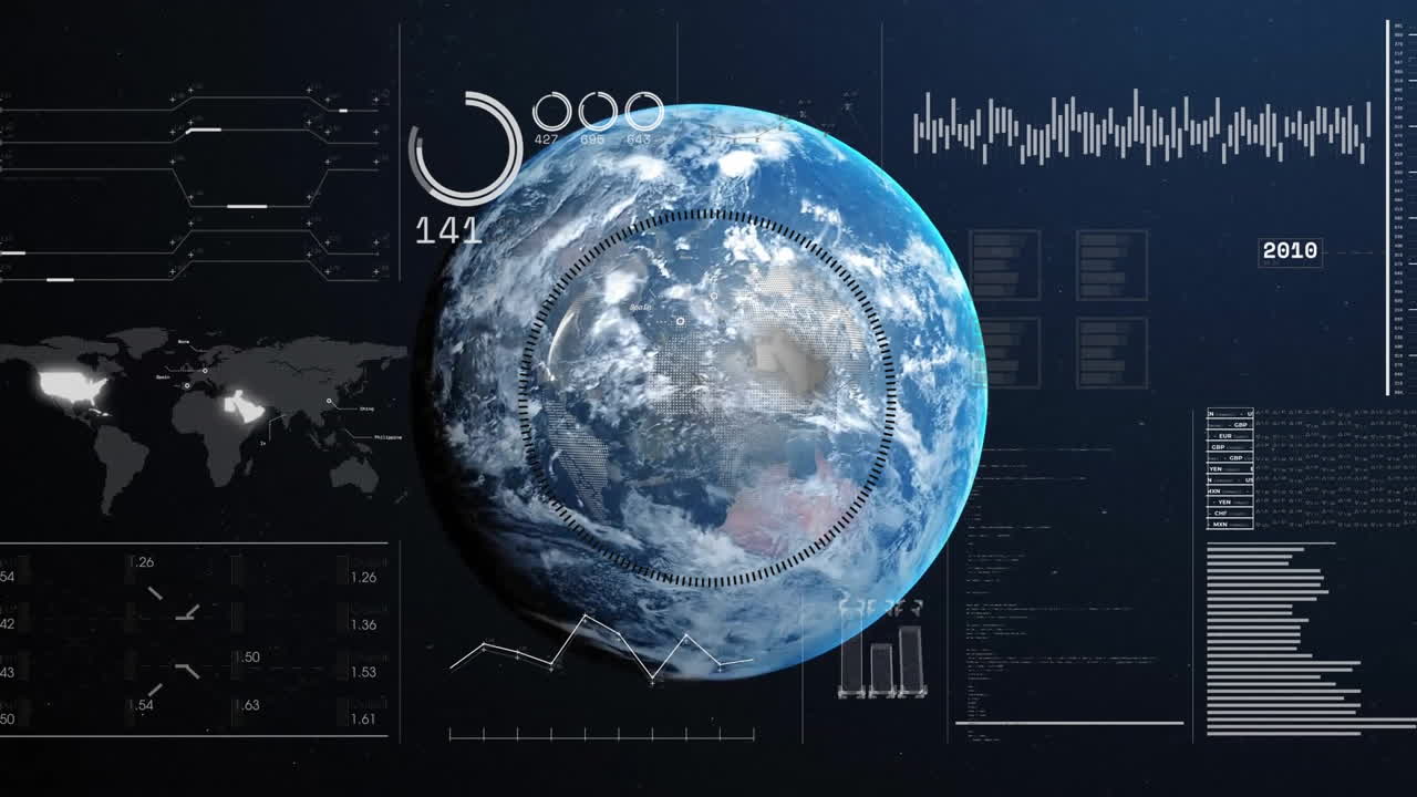 Animation of financial data processing over globe on black background