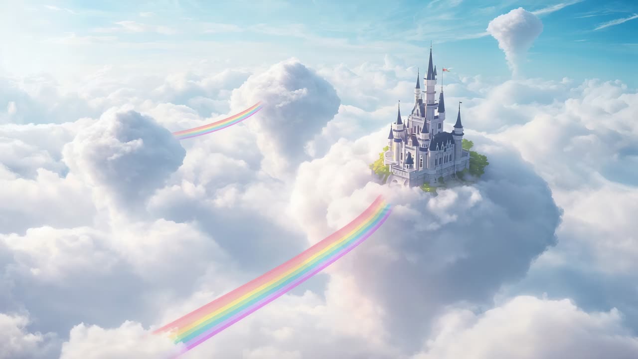 Punto di vista mobile che rivela un castello da favola su un'isola tra le nuvole, nastro arcobaleno che conduce, spazio per testi