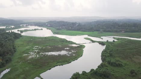 Fluss-In-Goa,-Der-Sich-Durch-üppiges-Grünes-Flachland-Und-Wälder-Erstreckt---Luftaufnahme