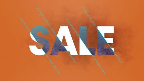 animation of sale text in white and blue letters over orange background