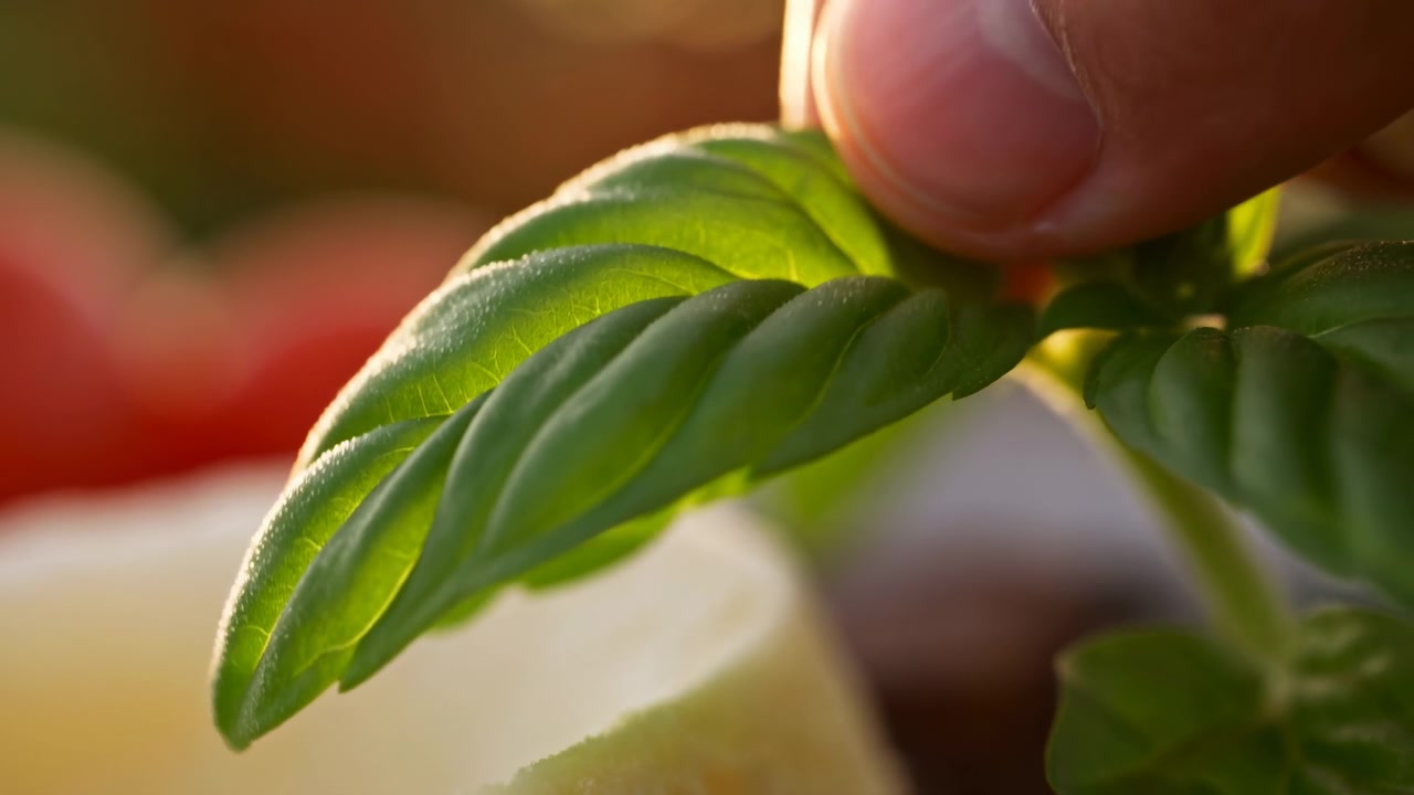 Primo piano di foglie di basilico verde fresco che riempiono l'inquadratura, con toni sfocati e morbidi del giardino sullo sfondo e la calda luce solare naturale che illumina la foglia