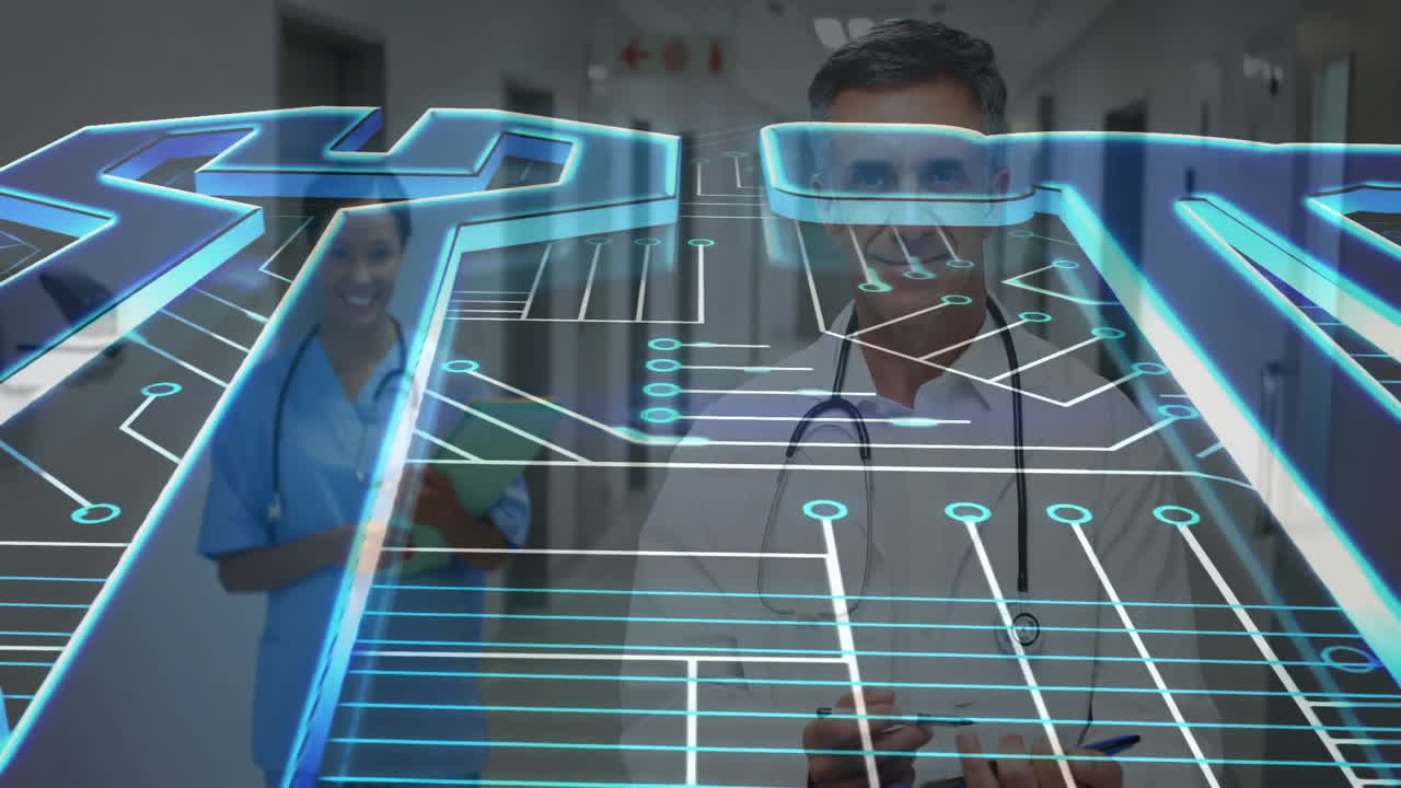In hospital hallway, doctors walking with digital circuit overlay animation visible