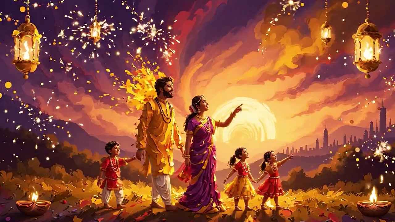 Una vivace passeggiata serale tra luci festive e decorazioni colorate durante un tramonto magico con una famiglia che festeggia insieme in armonia e gioia.