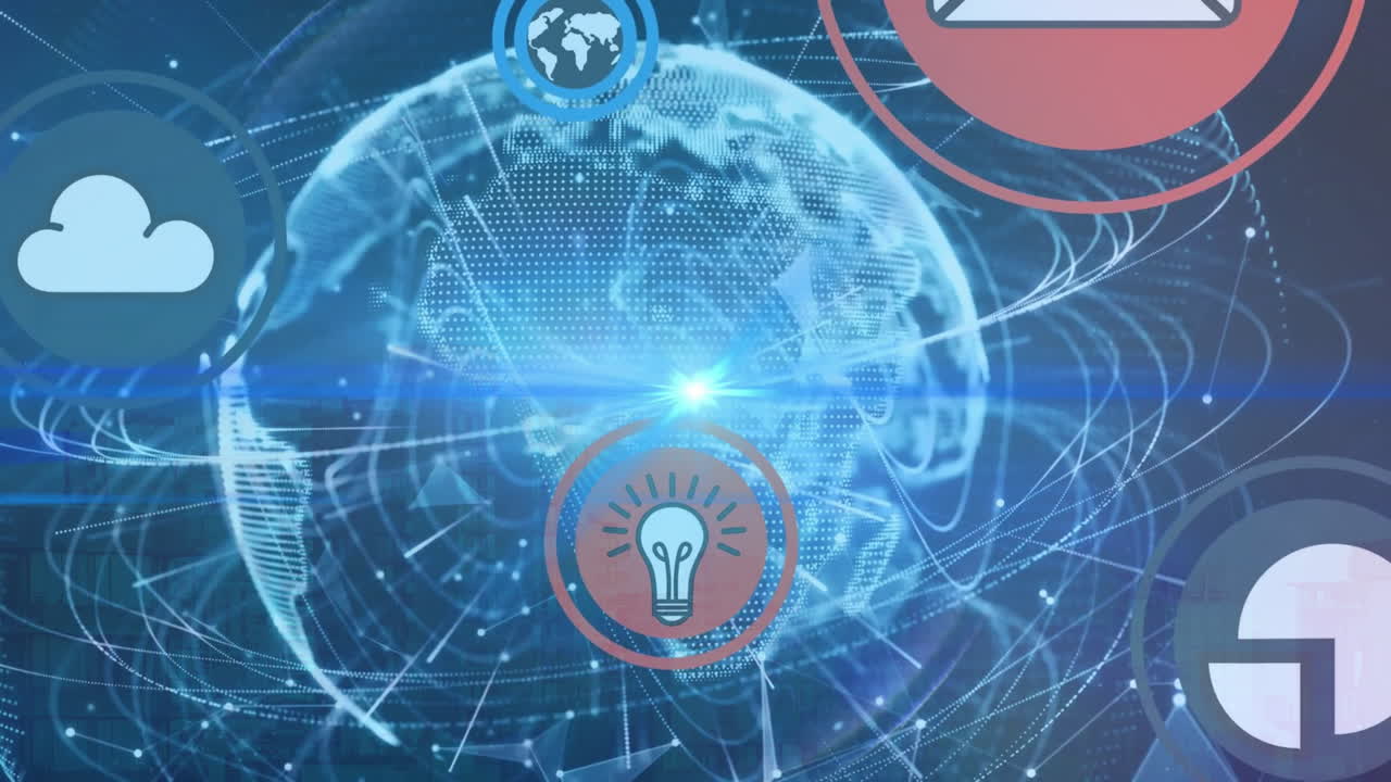 추상적인 배경에 대해 지구를 둘러싼 원 위에 여러 아이콘의 애니메이션