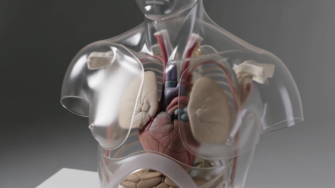 Aprendo il coperchio, torso trasparente con la parte sinistra del torace che scorre su sfondo grigio, mostrando cuore, polmoni e vasi per dimostrazione.