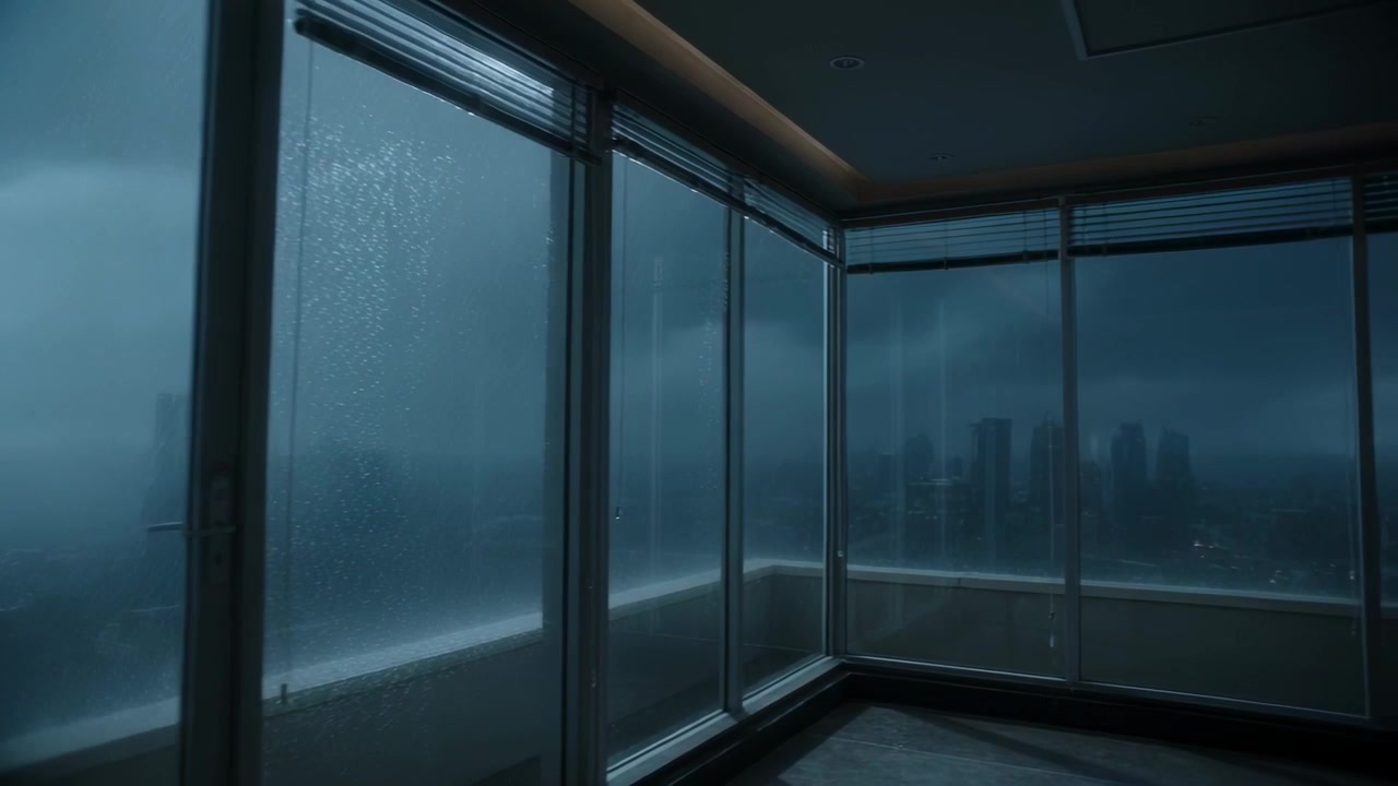 Starting camera pan revealing glass corner in highrise room to reveal foggy skyline and raindrops
