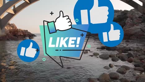 Animation-of-social-media-icons,-bridge-and-rocky-shore-with-sea-landscape