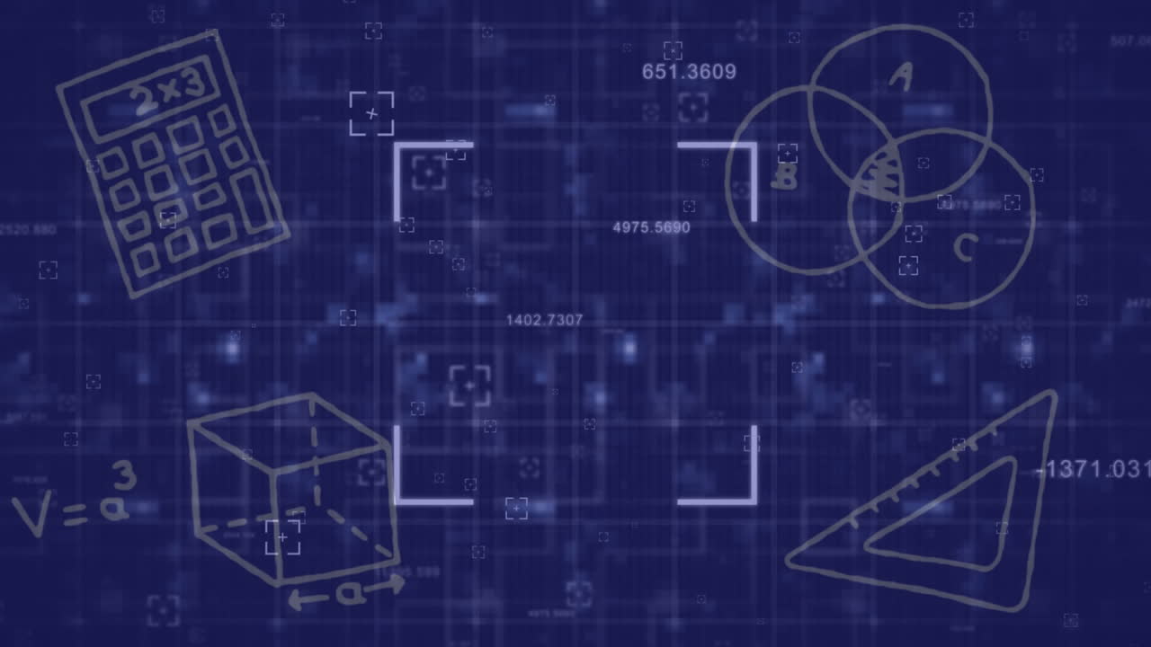 추상적인 배경 위에 뷰파인더, 큐브, 스케일, 수학적 그림의 애니메이션