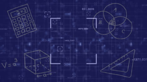 animation of viewfinder, cube, scale, mathematical drawing over abstract background