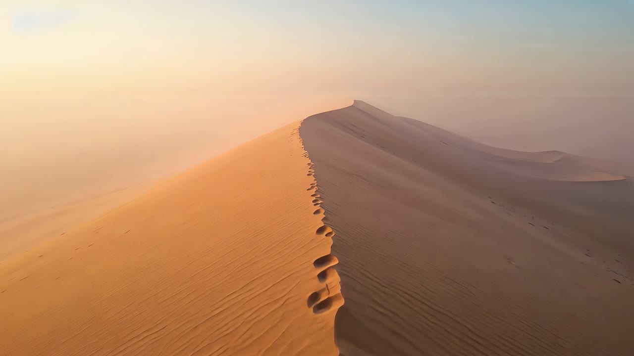 Advancing drone camera moving forward along dune crest in desert, showing footprints and ripples