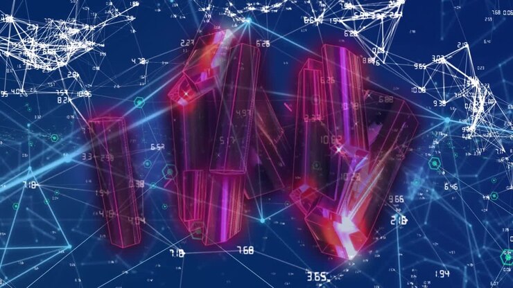 Animation of network of connections with data processing over crystals on blue background
