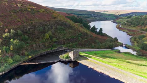 aerial drone video of the beautiful english countryside, wild landscape showing moorlands covered in heather, large lakes and blue water