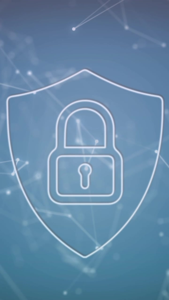 Scudo animato di sicurezza informatica e lucchetto su sfondo di rete blu