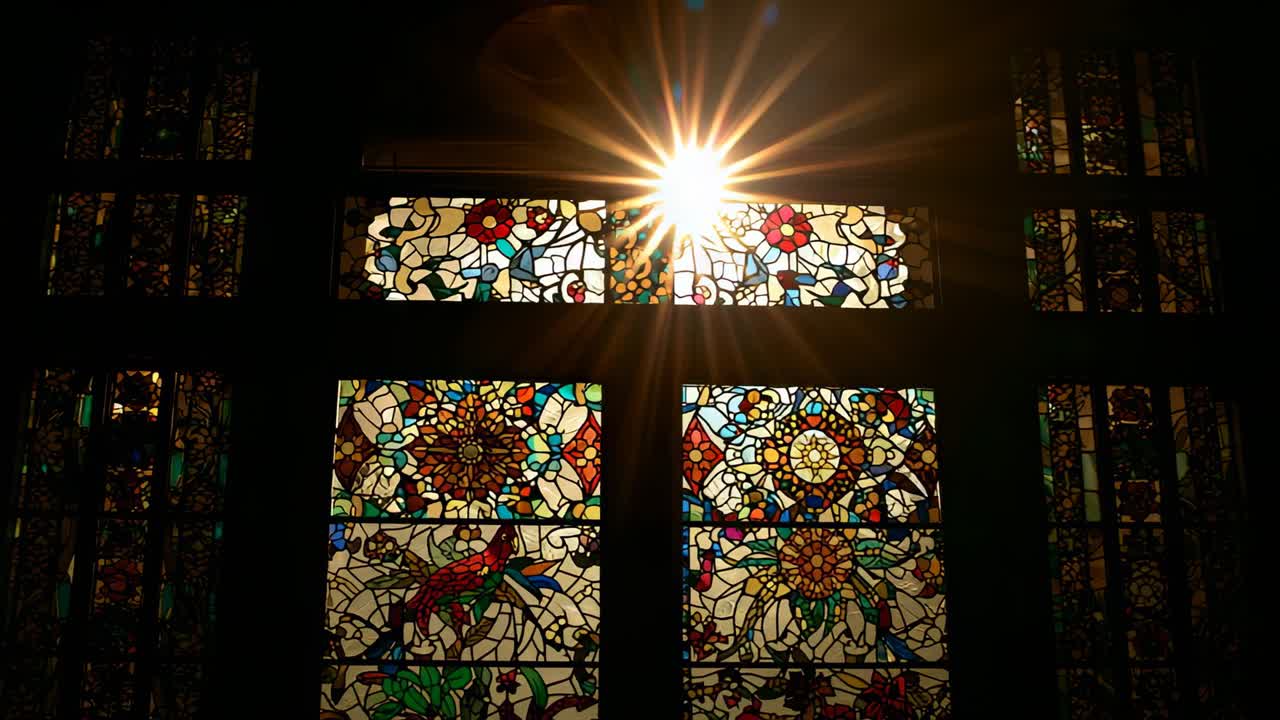 Starting sunbeam piercing stained glass in chapel, brightening floral mandalas and bird motif