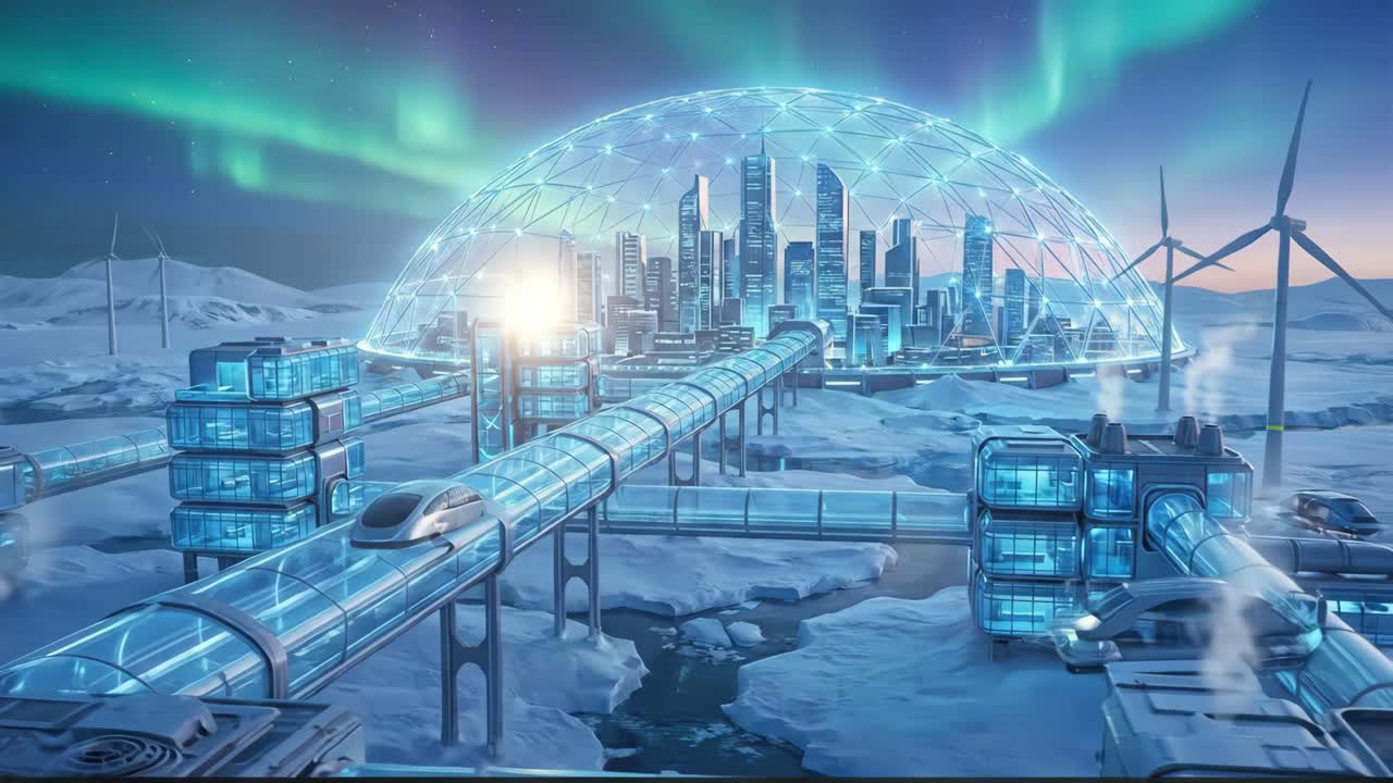 Futuristic City Under Dome with High-Speed Train and Aurora Borealis
