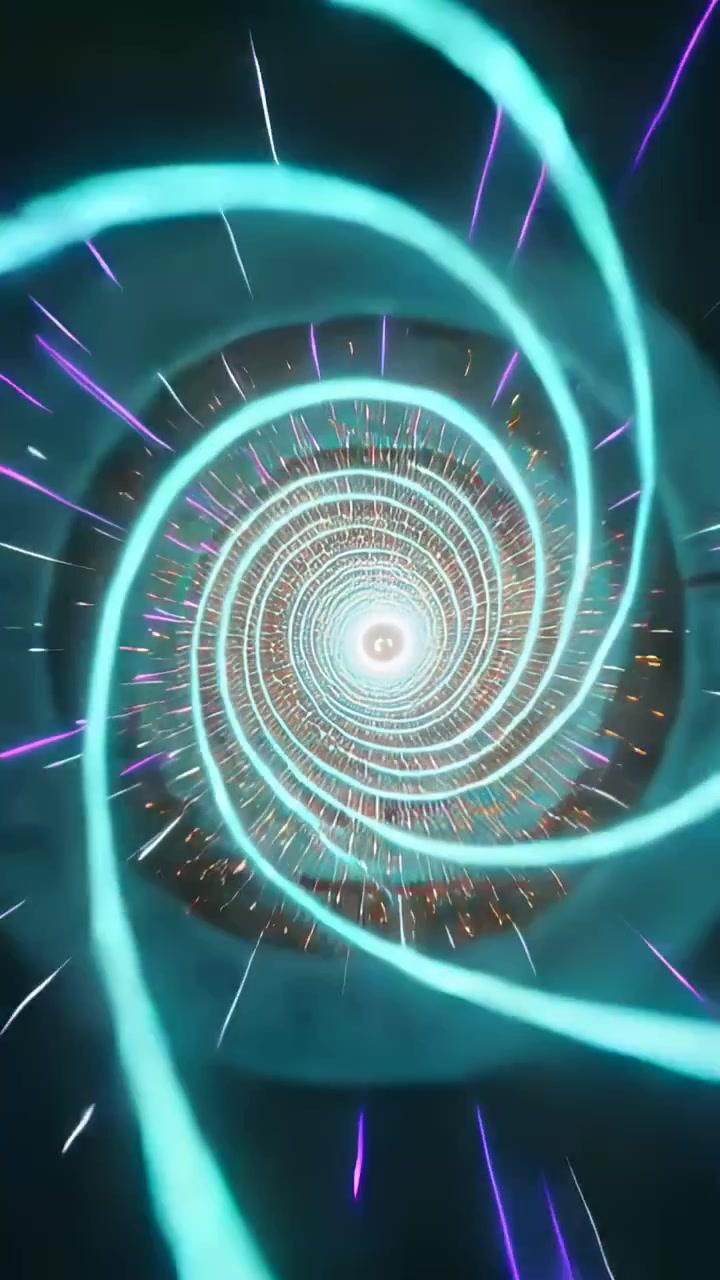 Video verticale: Vortice a spirale color verde acqua che spinge lo spettatore in avanti attraverso un vuoto oscuro verso un nucleo luminoso.