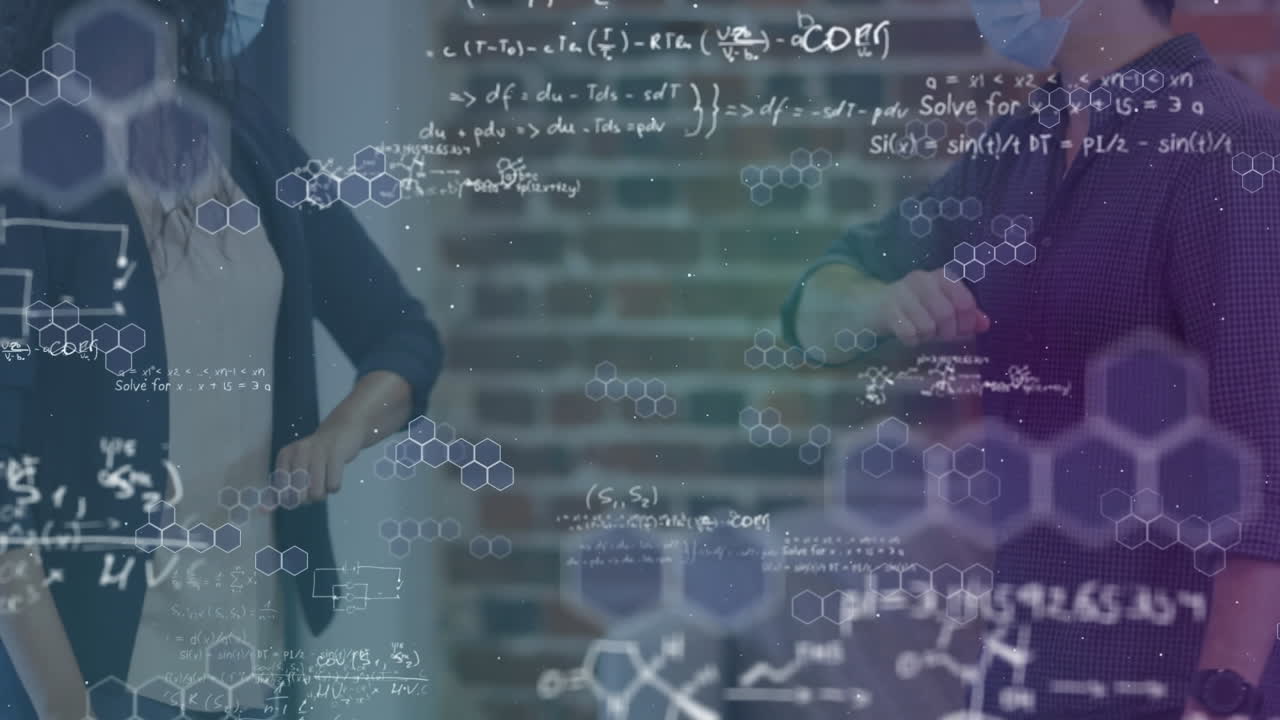 분자와 수학적 방정식의 애니메이션 남성과 여성이 팔꿈치로 인사합니다.