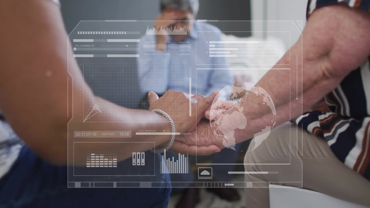 Bringing hands together, two senior women holding and soothing in counseling with HUD charts